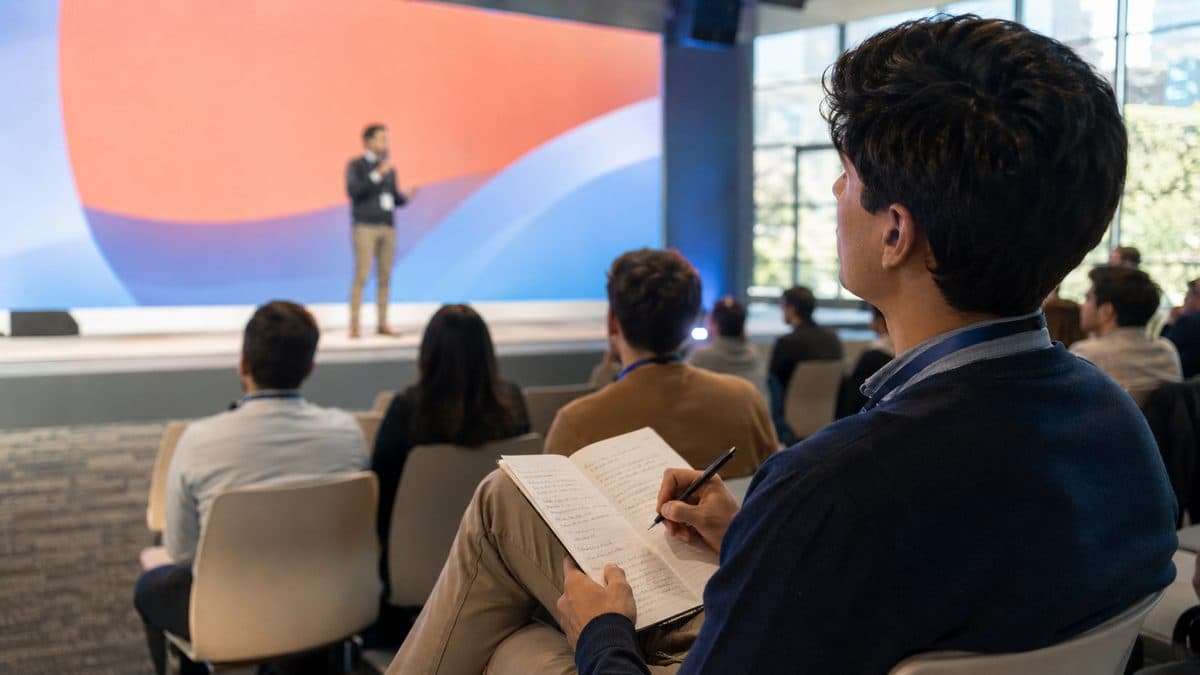 Personas siguiendo una charla; una de ellas toma notas.